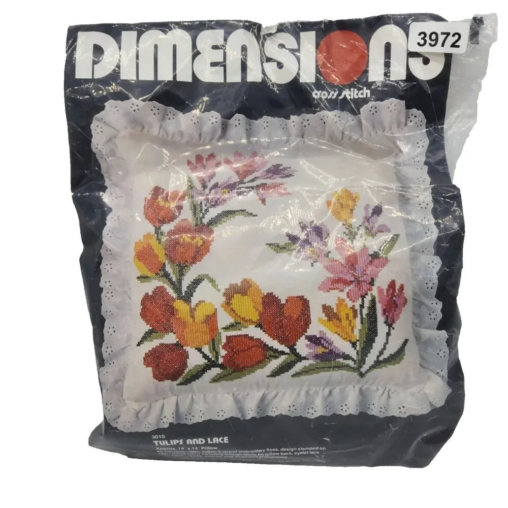 Dimensions  Tulips and Lace Cross Stitch Pillow Kit #3010 Partially Complete Vtg